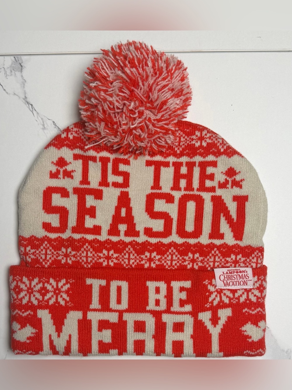 'Tis The Season Red & Cream Holiday Pom Beanie - Christmas Vacation